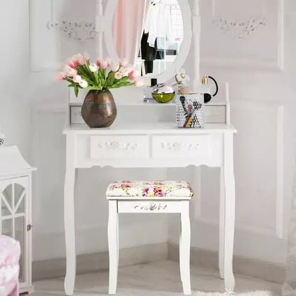 Costway Tabouret de Coiffeuse en Bois Rembourré Chaise de Maquillage Coussin Blanc Sans Dossier