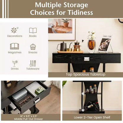 Costway Table console en T pour canapé avec tiroirs, étagères et double dispositif anti-basculement, table d'appoint moderne pour entrée