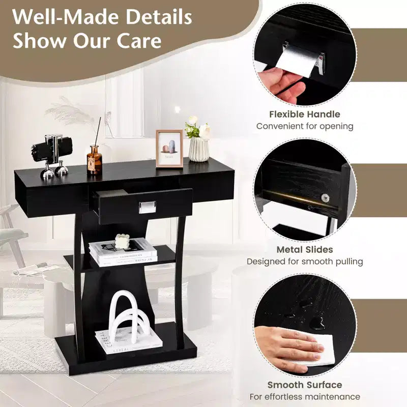 Costway Table console en T pour canapé avec tiroirs, étagères et double dispositif anti-basculement, table d'appoint moderne pour entrée