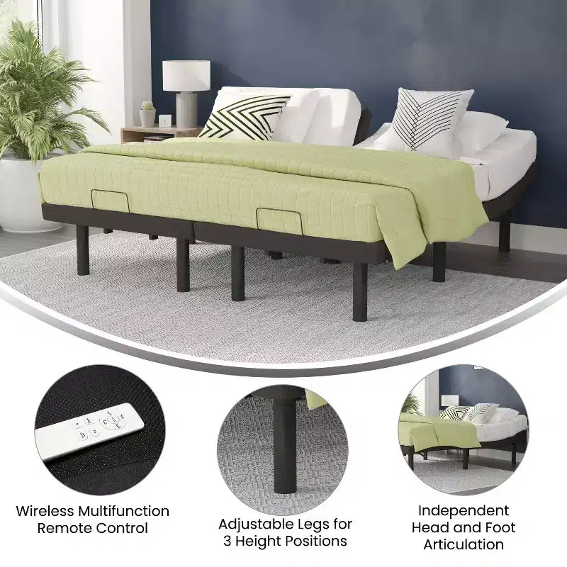 Base de lit tapissée réglable Flash Furniture Selene avec télécommande sans fil, trois hauteurs de pieds et inclinaison indépendante de la tête et des pieds