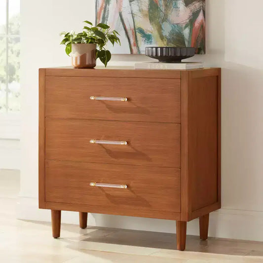 55 Downing Street Ollie Armoire à 3 tiroirs en teck brossé de 32 po de large avec poignées en cristal