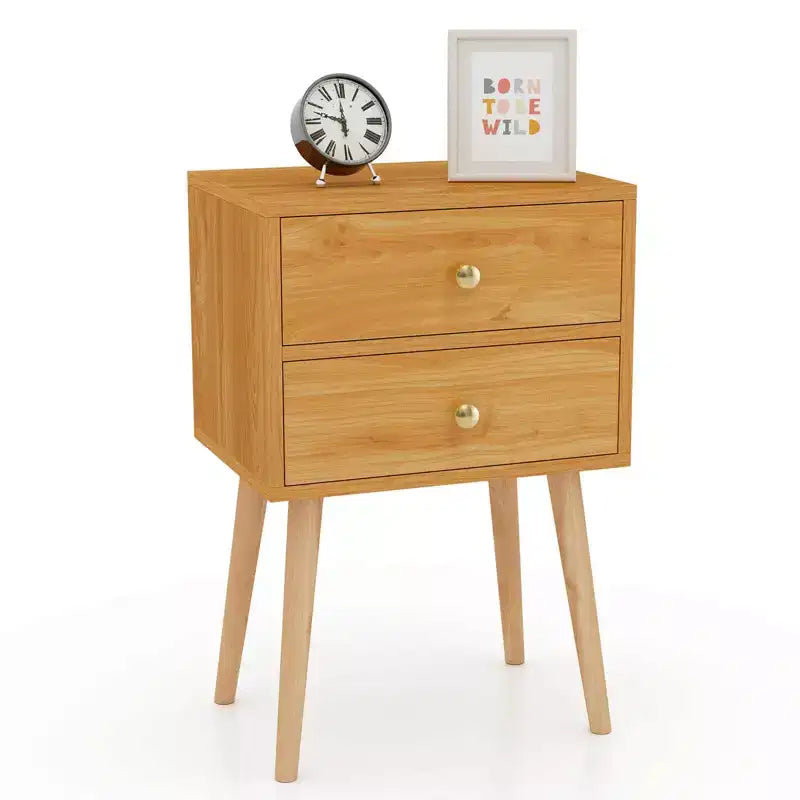 Costway Mid Century Modern 2 Drawers Nightstand In Natural Sofa Side Table End Table