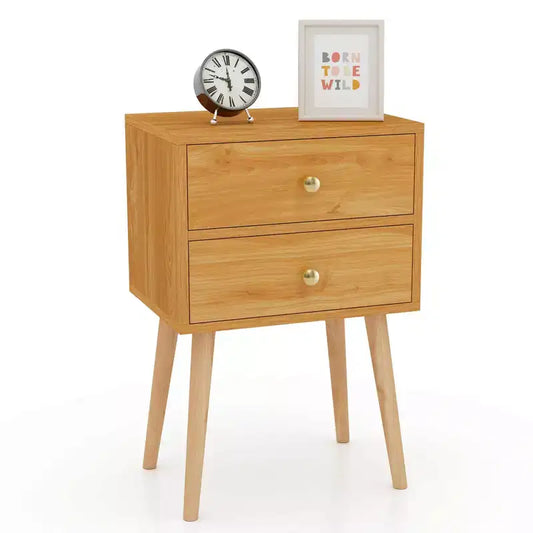Costway Mid Century Modern 2 Drawers Nightstand In Natural Sofa Side Table End Table