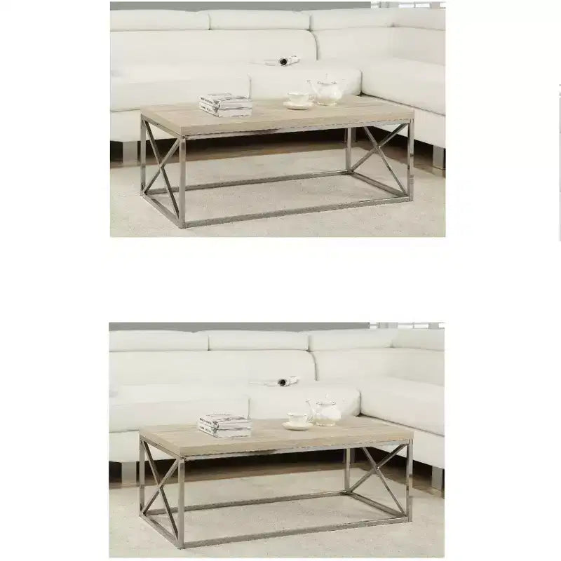 Monarch Natural Wood-Look Finish Chrome Metal Contemporary Coffee Table (2 Pack)