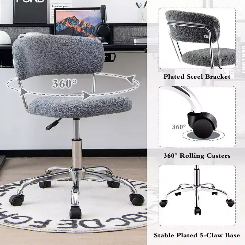 Costway Chaise de Bureau Informatique Réglable en Fausse Fourrure, Chaise de Bureau Pivotante pour Coiffeuse