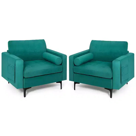 Costway Set of 2 Accent Armchair Single Sofa w/ Bolster Side Storage Pocket Teal