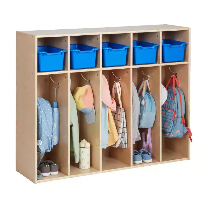 Vestiaire à 5 compartiments pour tout-petits et 5 bacs de rangement avant à écope ECR4Kids Streamline, Rangement à casiers
