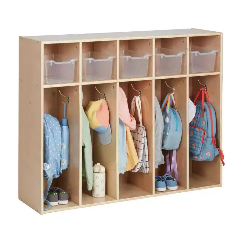 Vestiaire à 5 compartiments pour tout-petits et 5 bacs de rangement avant à écope ECR4Kids Streamline, Rangement à casiers
