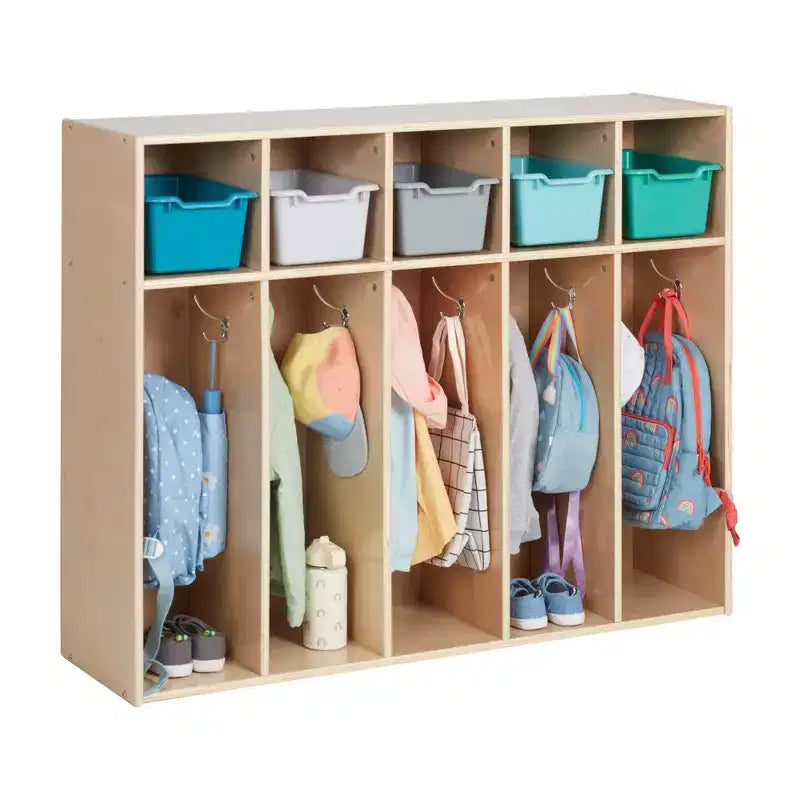 Vestiaire à 5 compartiments pour tout-petits et 5 bacs de rangement avant à écope ECR4Kids Streamline, Rangement à casiers