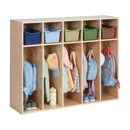 Vestiaire à 5 compartiments pour tout-petits et 5 bacs de rangement avant à écope ECR4Kids Streamline, Rangement à casiers