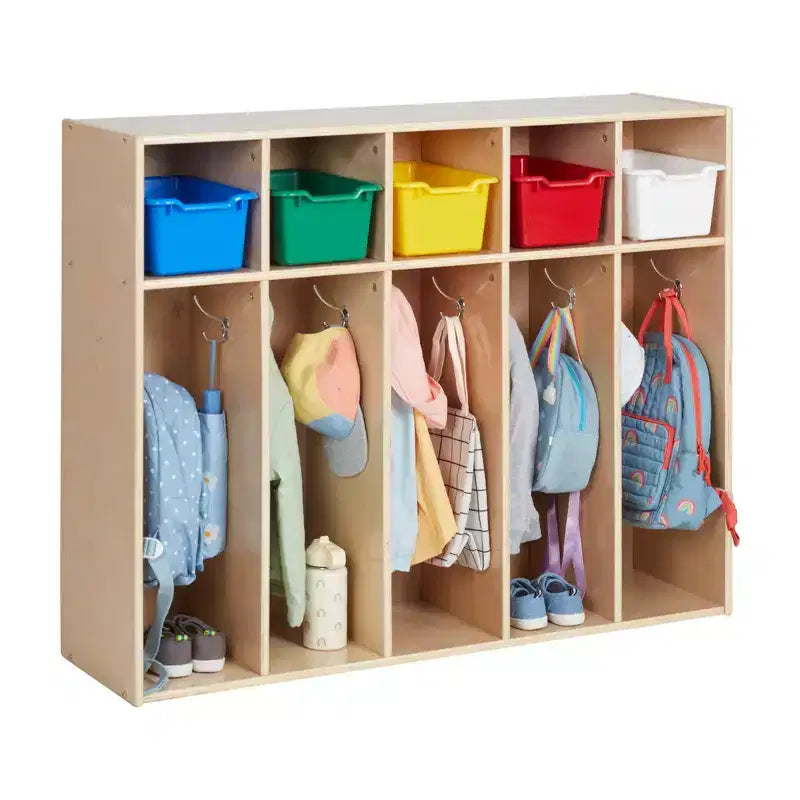 Vestiaire à 5 compartiments pour tout-petits et 5 bacs de rangement avant à écope ECR4Kids Streamline, Rangement à casiers