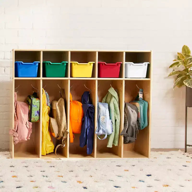 Vestiaire à 5 compartiments pour tout-petits et 5 bacs de rangement avant à écope ECR4Kids Streamline, Rangement à casiers