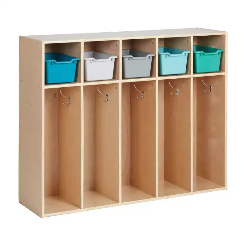 Vestiaire à 5 compartiments pour tout-petits et 5 bacs de rangement avant à écope ECR4Kids Streamline, Rangement à casiers