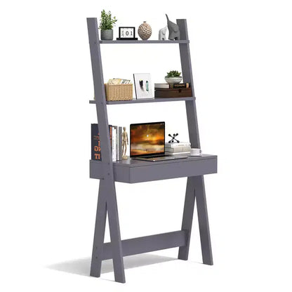 Costway Home Office Ladder Desk Wall-Leaning Laptop Workstation with Storage Shelves Natural/White/Walnut