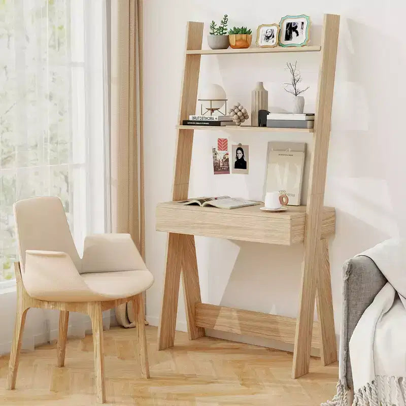 Bureau d'ordinateur en échelle pour la maison Costway, poste de travail mural avec étagères de rangement, naturel/blanc/noyer