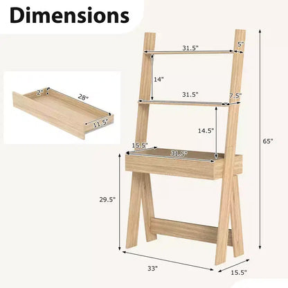 Bureau d'ordinateur en échelle pour la maison Costway, poste de travail mural avec étagères de rangement, naturel/blanc/noyer