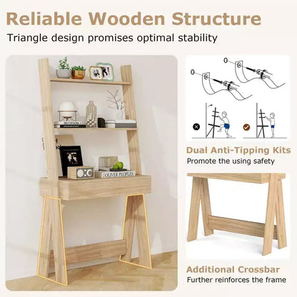 Bureau d'ordinateur en échelle pour la maison Costway, poste de travail mural avec étagères de rangement, naturel/blanc/noyer