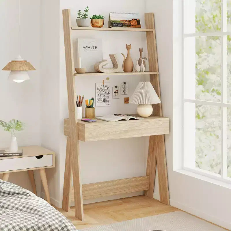 Bureau d'ordinateur en échelle pour la maison Costway, poste de travail mural avec étagères de rangement, naturel/blanc/noyer
