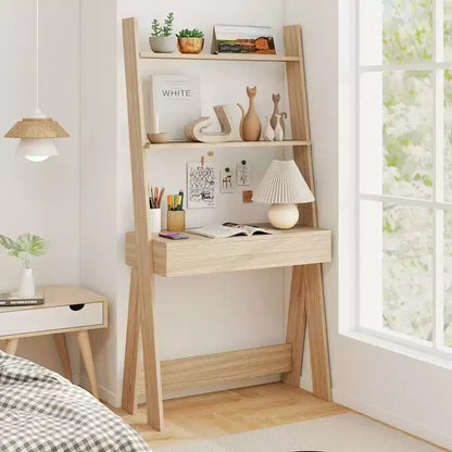 Bureau d'ordinateur en échelle pour la maison Costway, poste de travail mural avec étagères de rangement, naturel/blanc/noyer
