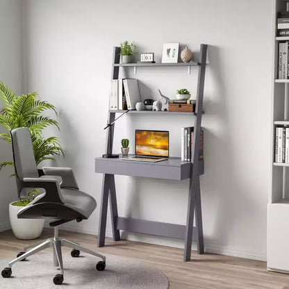 Bureau d'ordinateur en échelle pour la maison Costway, poste de travail mural avec étagères de rangement, naturel/blanc/noyer