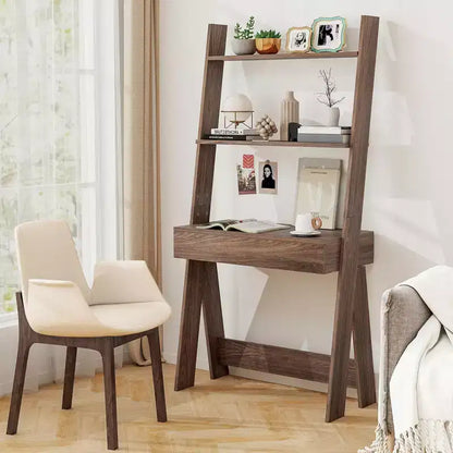 Bureau d'ordinateur en échelle pour la maison Costway, poste de travail mural avec étagères de rangement, naturel/blanc/noyer