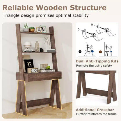 Bureau d'ordinateur en échelle pour la maison Costway, poste de travail mural avec étagères de rangement, naturel/blanc/noyer