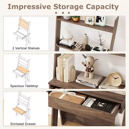 Bureau d'ordinateur en échelle pour la maison Costway, poste de travail mural avec étagères de rangement, naturel/blanc/noyer