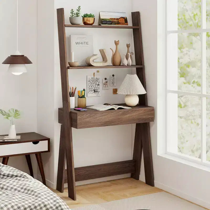 Bureau d'ordinateur en échelle pour la maison Costway, poste de travail mural avec étagères de rangement, naturel/blanc/noyer