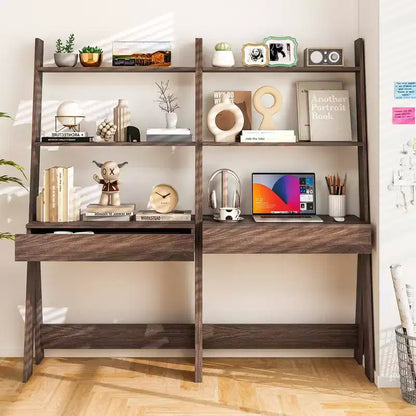 Bureau d'ordinateur en échelle pour la maison Costway, poste de travail mural avec étagères de rangement, naturel/blanc/noyer