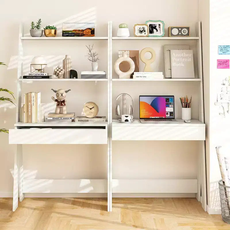Bureau d'ordinateur en échelle pour la maison Costway, poste de travail mural avec étagères de rangement, naturel/blanc/noyer