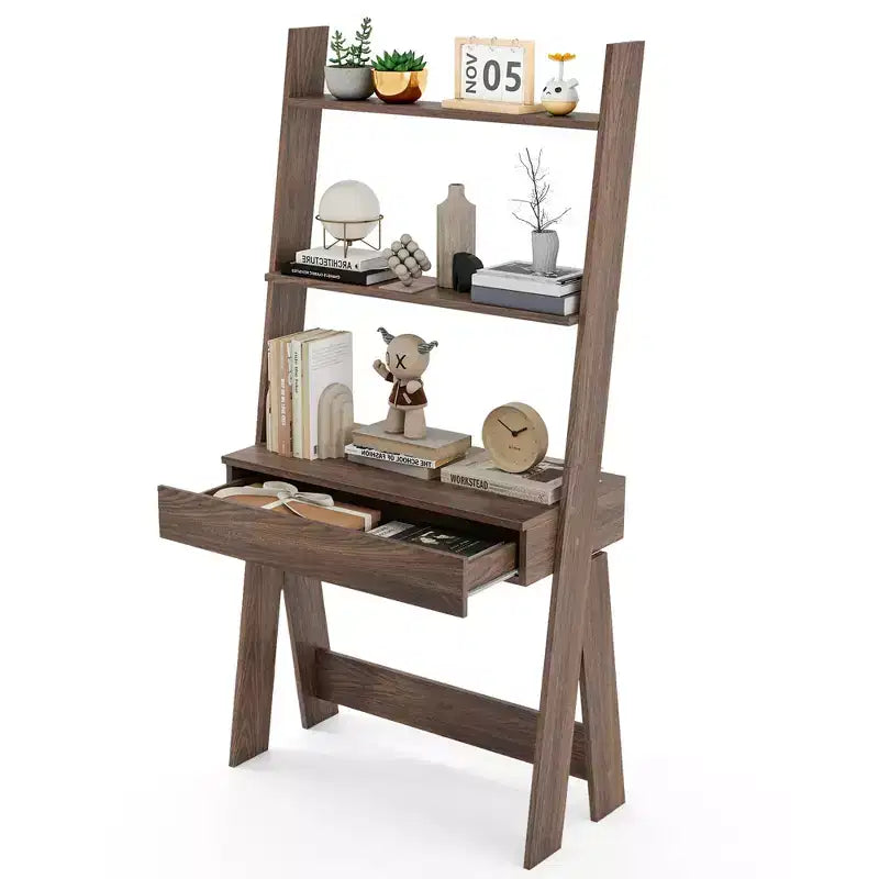 Bureau d'ordinateur en échelle pour la maison Costway, poste de travail mural avec étagères de rangement, naturel/blanc/noyer