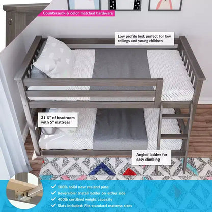Lit superposé Max & Lily pour enfants, lit superposé bas en bois massif avec échelle pour petite chambre