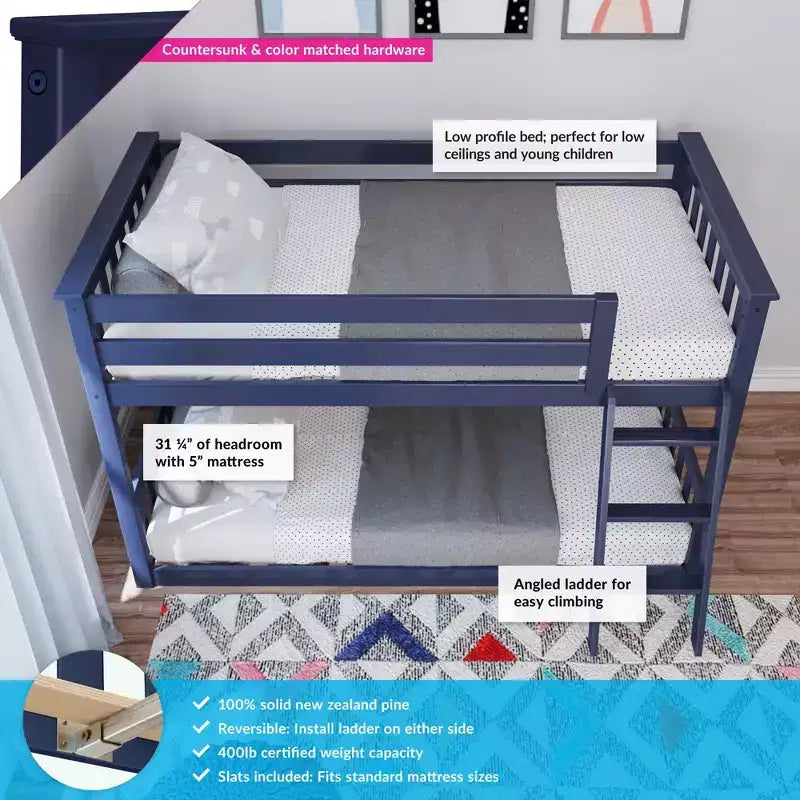 Lit superposé Max & Lily pour enfants, lit superposé bas en bois massif avec échelle pour petite chambre