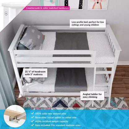 Lit superposé Max & Lily pour enfants, lit superposé bas en bois massif avec échelle pour petite chambre
