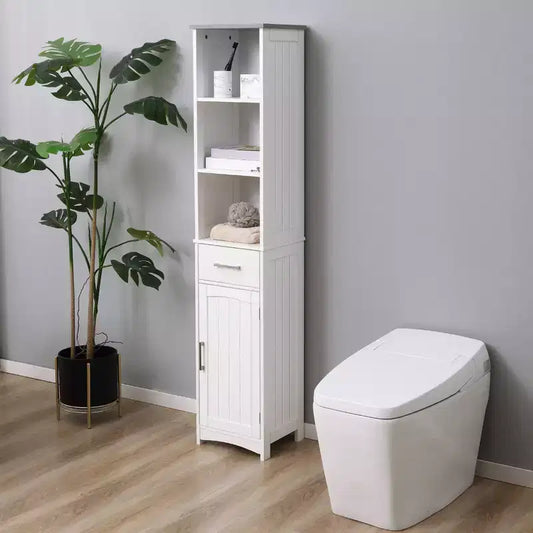 kleankin Meuble de salle de bain haut avec 3 étagères, placard, tiroir, porte, tour de linge autonome, organiseur latéral mince, blanc