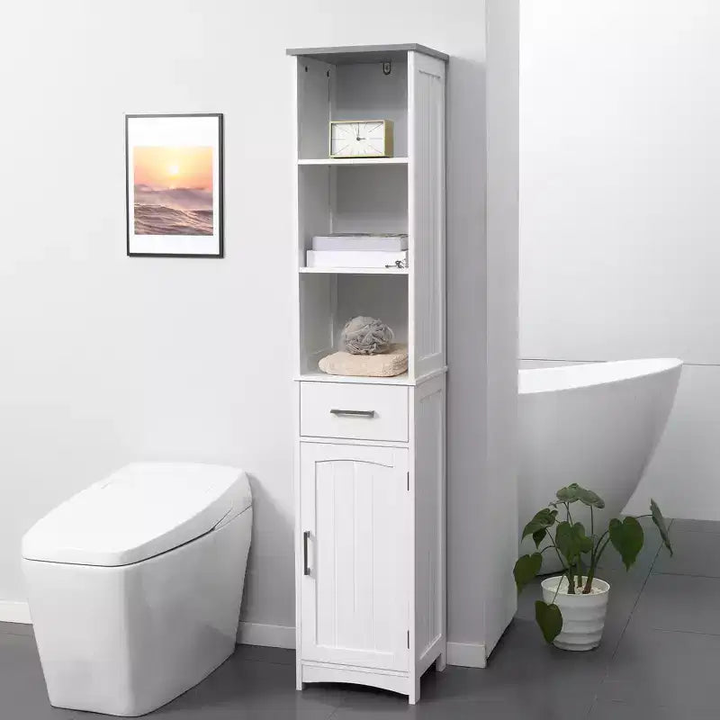 kleankin Meuble de salle de bain haut avec 3 étagères, placard, tiroir, porte, tour de linge autonome, organiseur latéral mince, blanc