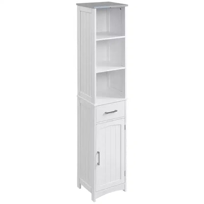 kleankin Meuble de salle de bain haut avec 3 étagères, placard, tiroir, porte, tour de linge autonome, organiseur latéral mince, blanc