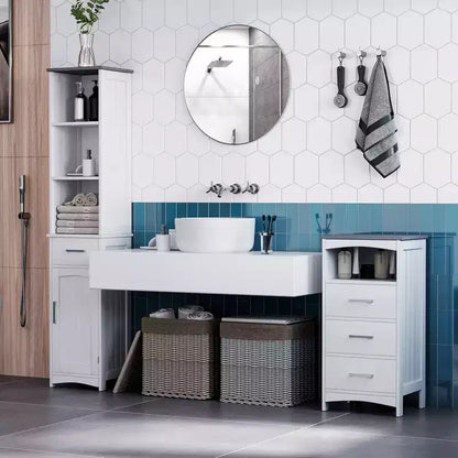 kleankin Meuble de salle de bain haut avec 3 étagères, placard, tiroir, porte, tour de linge autonome, organiseur latéral mince, blanc