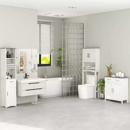 kleankin Meuble de salle de bain haut avec 3 étagères, placard, tiroir, porte, tour de linge autonome, organiseur latéral mince, blanc