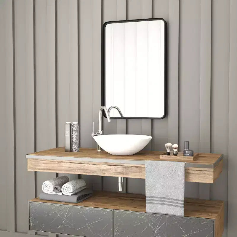Miroir mural décoratif Merrick Lane 20 x 30 Noir mat avec coins arrondis pour salle de bain, salon, entrée, à suspendre à l'horizontale ou à la verticale
