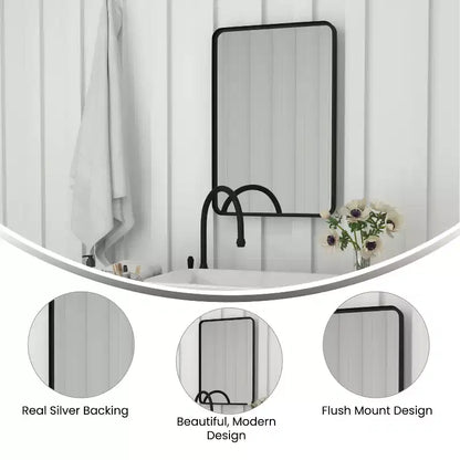 Miroir mural décoratif Merrick Lane 20 x 30 Noir mat avec coins arrondis pour salle de bain, salon, entrée, à suspendre à l'horizontale ou à la verticale