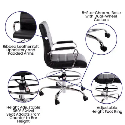 Chaise de bureau Emma et Oliver Mid-Back LeatherSoft avec repose-pieds réglable et base chromée