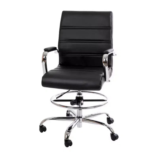 Emma and Oliver Mid-Back LeatherSoft Drafting Chair with Adjustable Foot Ring and Chrome Base