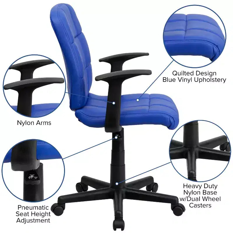 Chaise de bureau pivotante Emma et Oliver en vinyle matelassé mi-hauteur avec accoudoirs