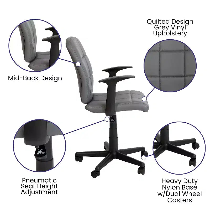 Chaise de bureau pivotante Emma et Oliver en vinyle matelassé mi-hauteur avec accoudoirs