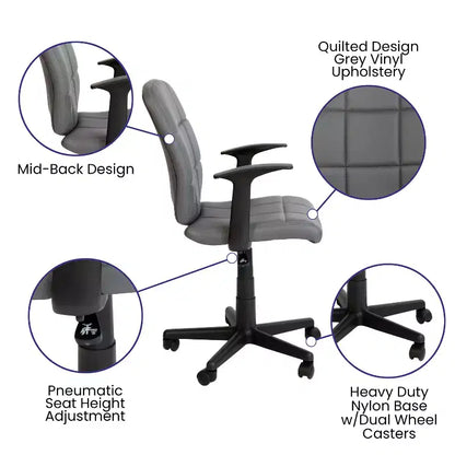 Chaise de bureau pivotante Emma et Oliver en vinyle matelassé mi-hauteur avec accoudoirs
