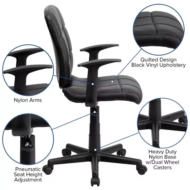 Chaise de bureau pivotante Emma et Oliver en vinyle matelassé mi-hauteur avec accoudoirs