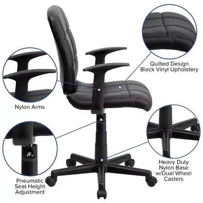 Chaise de bureau pivotante Emma et Oliver en vinyle matelassé mi-hauteur avec accoudoirs
