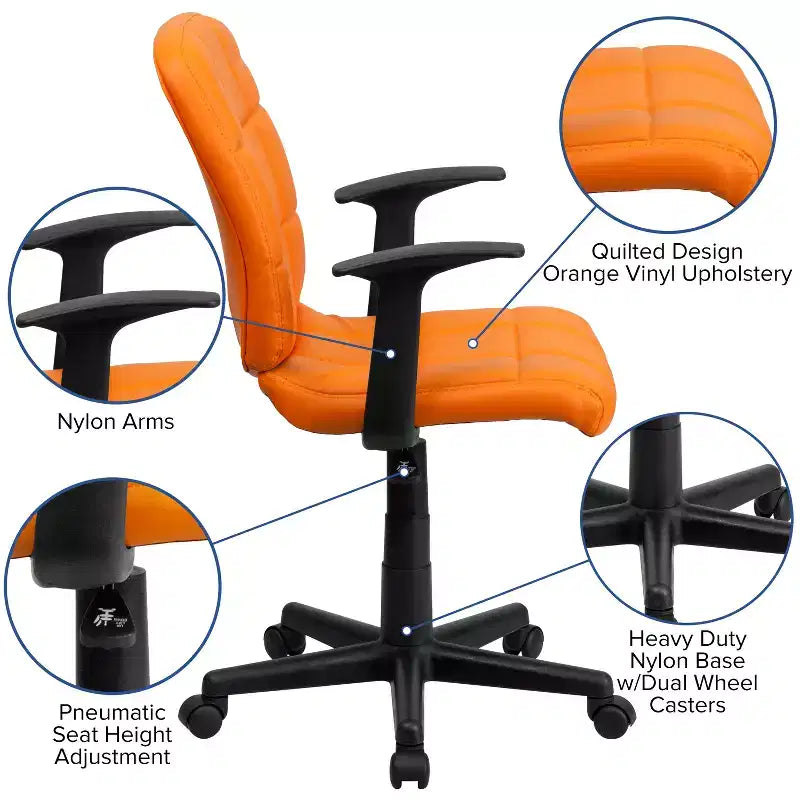 Chaise de bureau pivotante Emma et Oliver en vinyle matelassé mi-hauteur avec accoudoirs