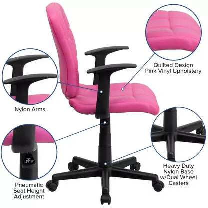 Chaise de bureau pivotante Emma et Oliver en vinyle matelassé mi-hauteur avec accoudoirs